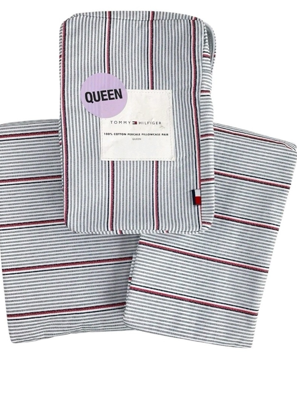 NEW Tommy Hilfiger QUEEN Pillowcases S/2 Navy Blue Striped 100% Cotton Percale